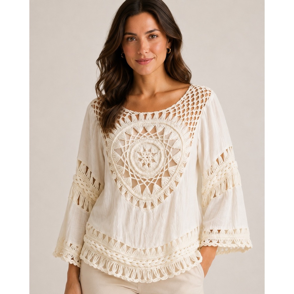 Voice of California Be Vocal Boho Crochet Medallion Blouse Ivory IM0539S S/M
